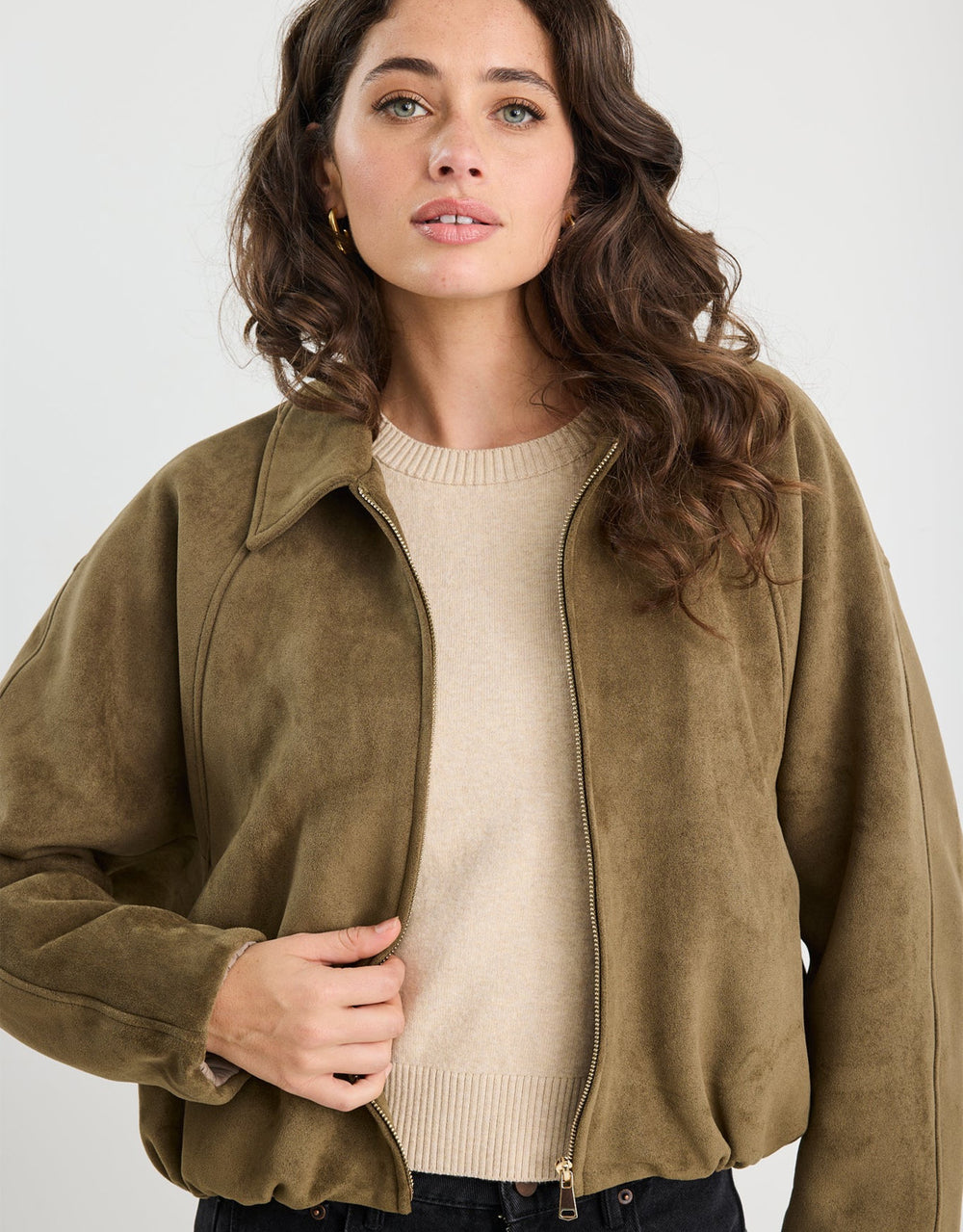 stories-be-told-troupe-faux-suede-zip-through-bubble-hem-bomber-jacket-khaki-womens-clothing