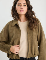 stories-be-told-troupe-faux-suede-zip-through-bubble-hem-bomber-jacket-khaki-womens-clothing
