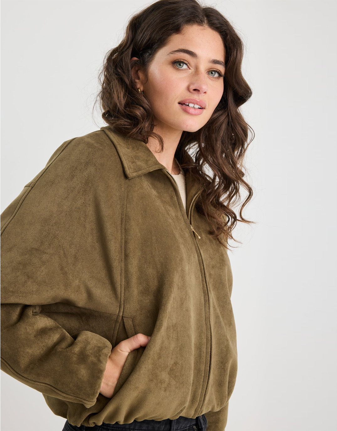 stories-be-told-troupe-faux-suede-zip-through-bubble-hem-bomber-jacket-khaki-womens-clothing