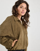 stories-be-told-troupe-faux-suede-zip-through-bubble-hem-bomber-jacket-khaki-womens-clothing