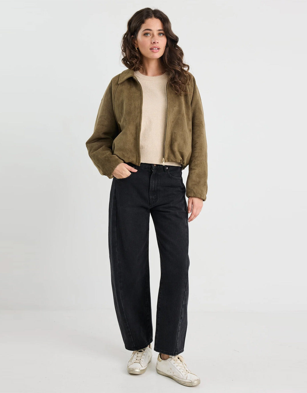 stories-be-told-troupe-faux-suede-zip-through-bubble-hem-bomber-jacket-khaki-womens-clothing