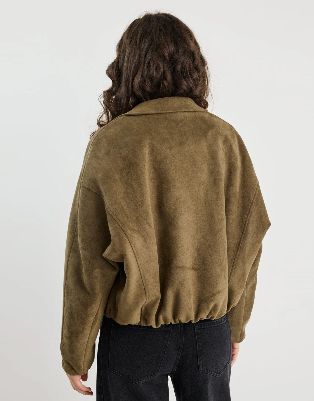 stories-be-told-troupe-faux-suede-zip-through-bubble-hem-bomber-jacket-khaki-womens-clothing