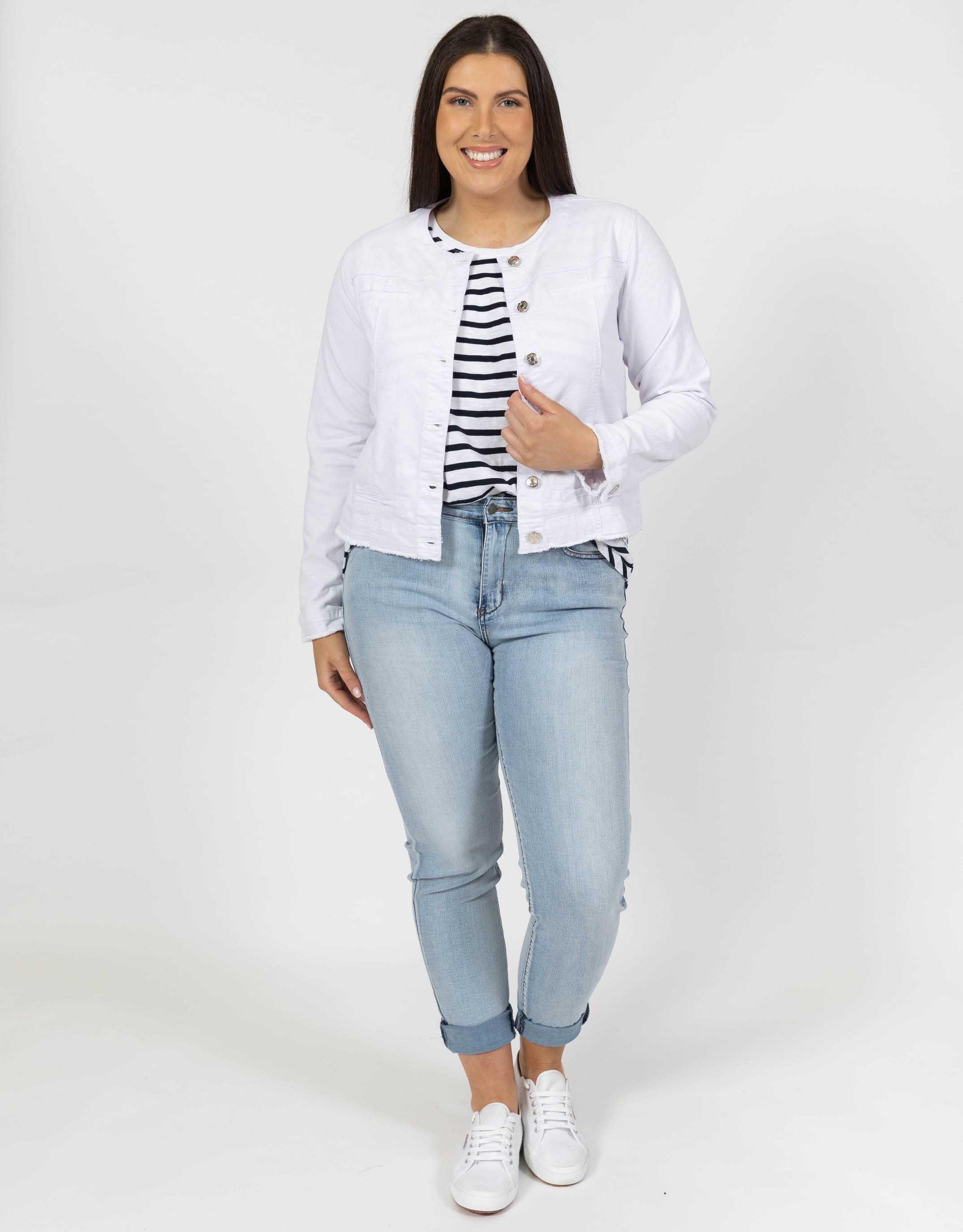 White collarless cheap denim jacket