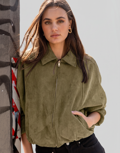 Troupe Faux Suede Zip Through Bubble Hem Bomber Jacket - Khaki