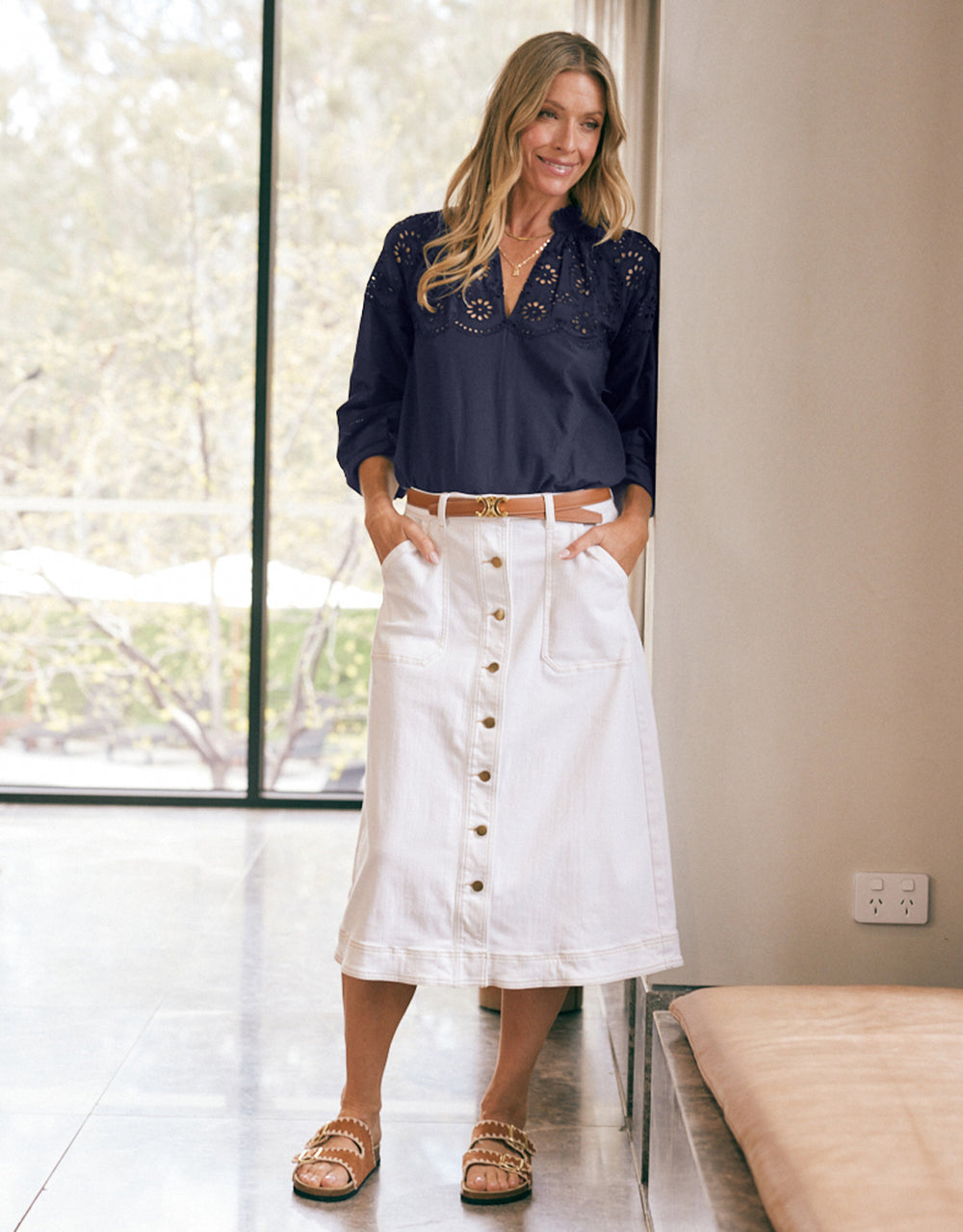 Stevie Midi Denim Skirt - White