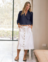 Stevie Midi Denim Skirt - White