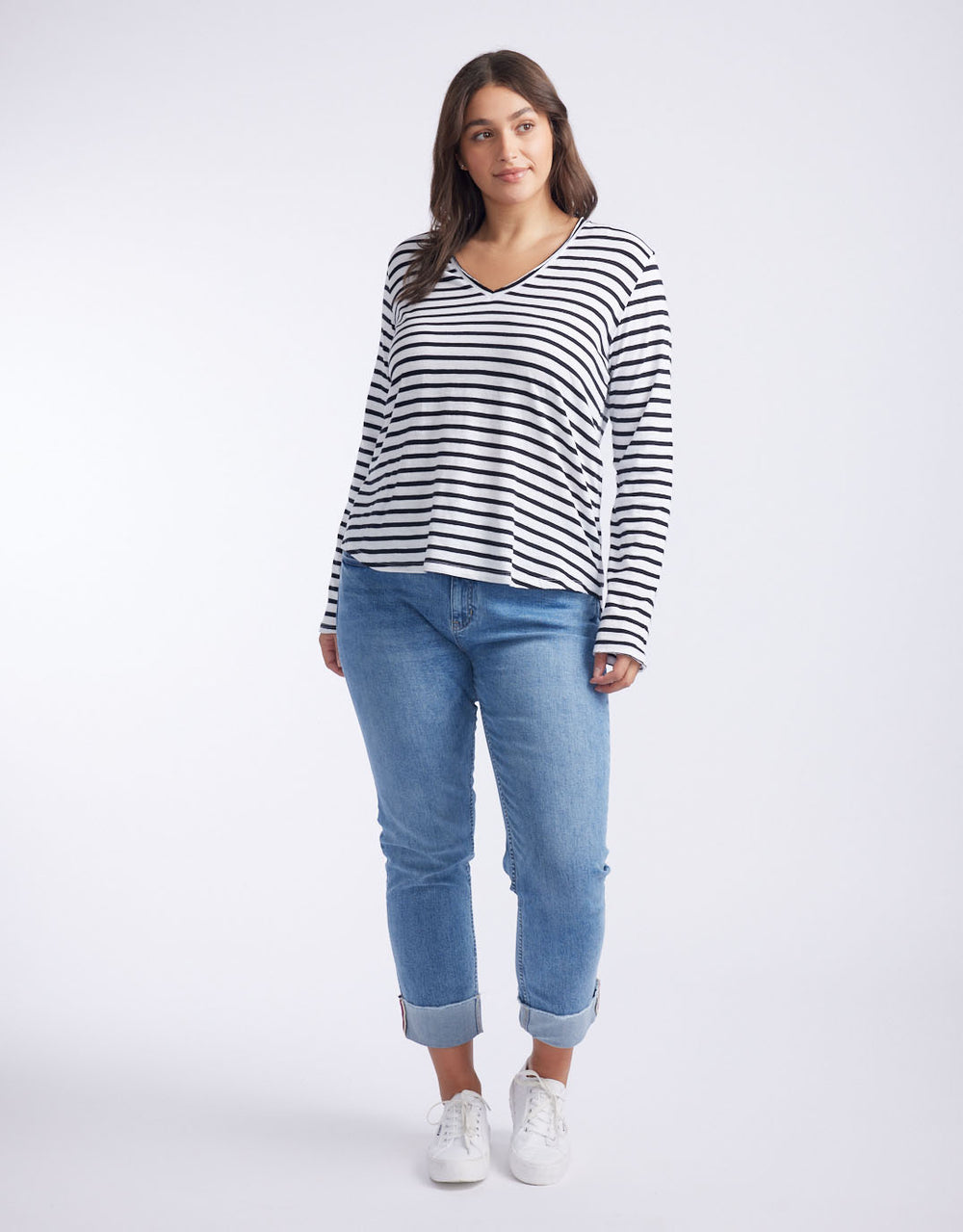 White & Co. - Original V-Neck Long Sleeve T-Shirt - Black/White Stripe - White & Co Living Tops