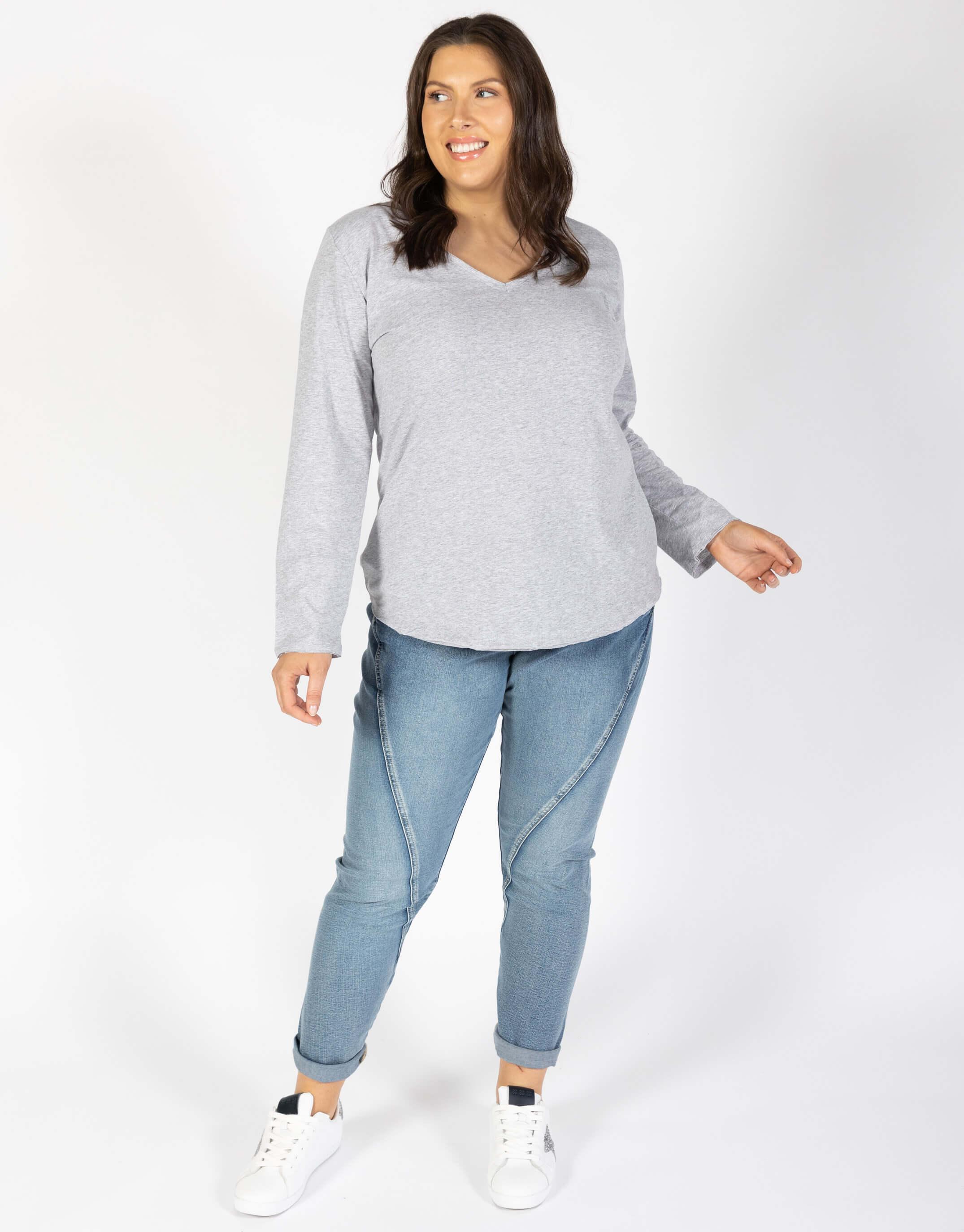 White & Co. - Original V-Neck Long Sleeve T-Shirt - Grey Marle - White & Co Living Tops