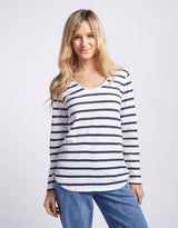 White & Co. - Original V-Neck Long Sleeve T-Shirt - Navy/White Stripe - White & Co Living Tees & Tanks