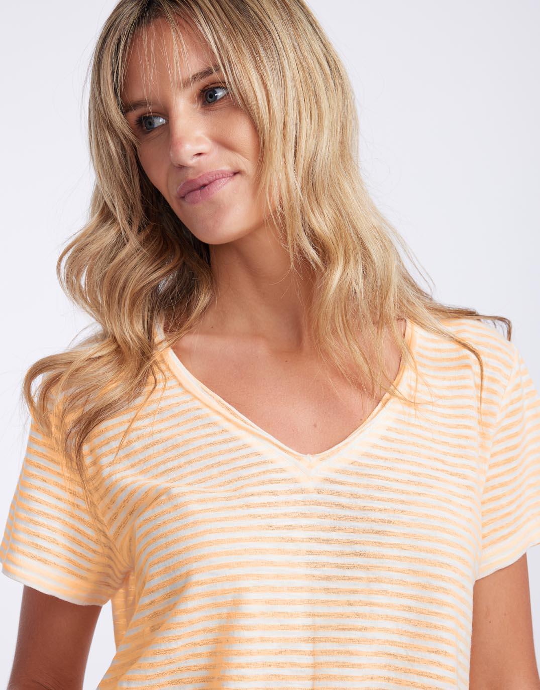 White & Co. - Sorbet Stripe Vee Neck Tee - Gelati Orange - White & Co Living Tops