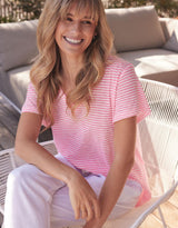 White & Co. - Sorbet Stripe Vee Neck Tee - Gelati Pink - White & Co Living Tops