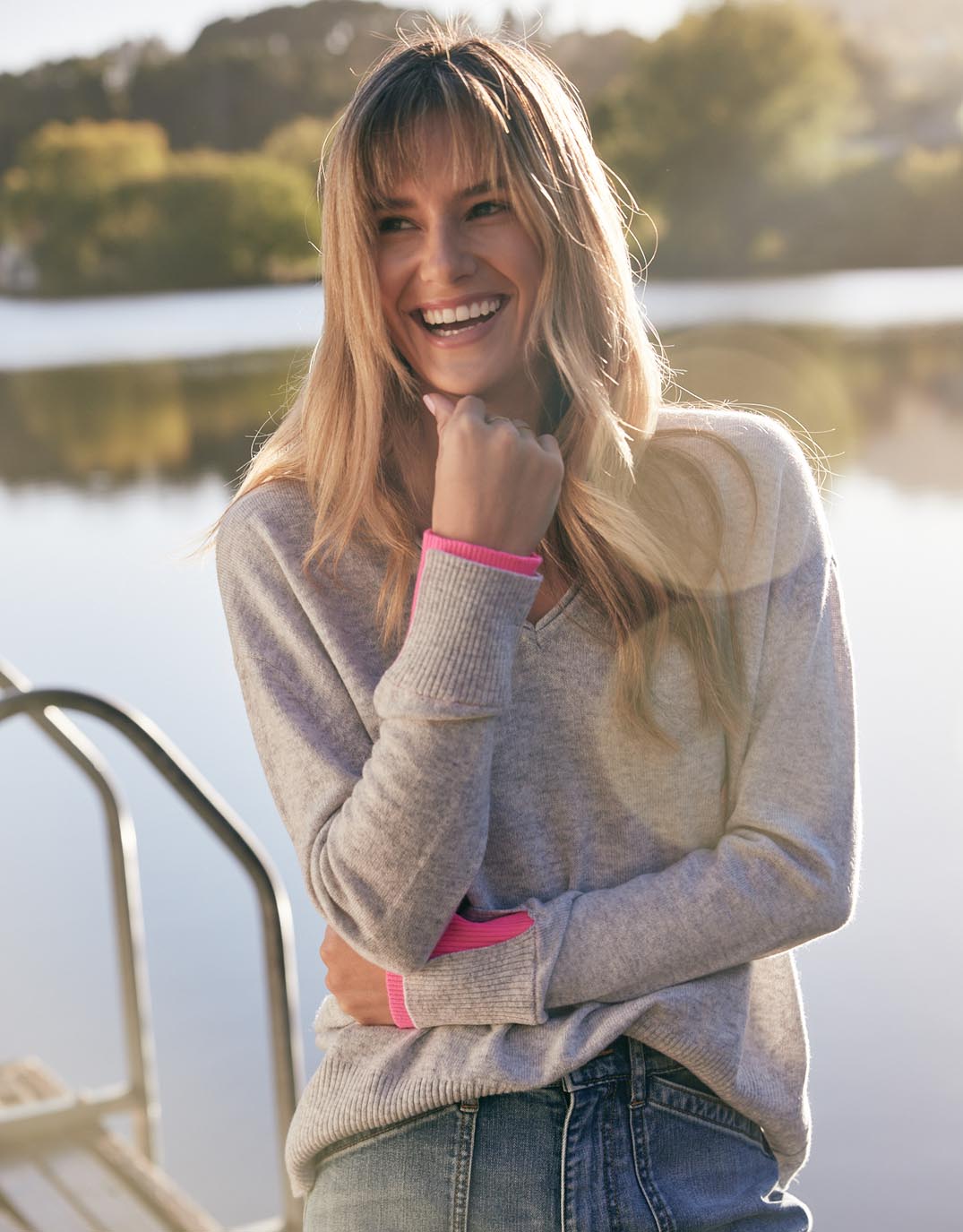 white-co-upstate-double-cuff-knit-jumper-grey-marle-neon-pink-womens-clothing