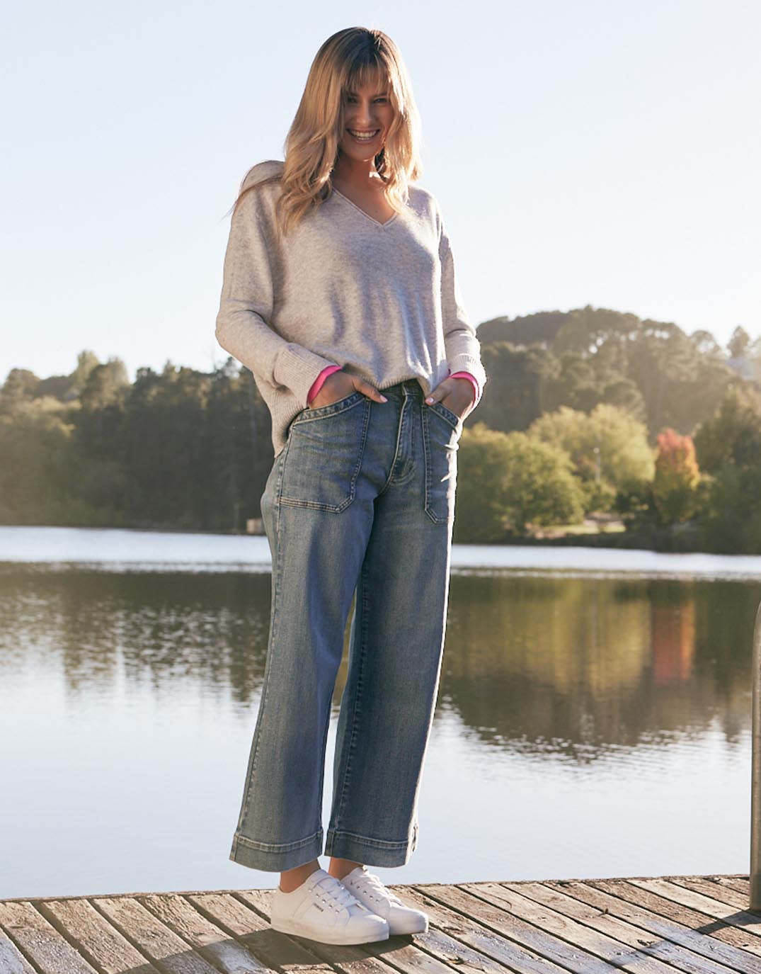 white-co-upstate-double-cuff-knit-jumper-grey-marle-neon-pink-womens-clothing