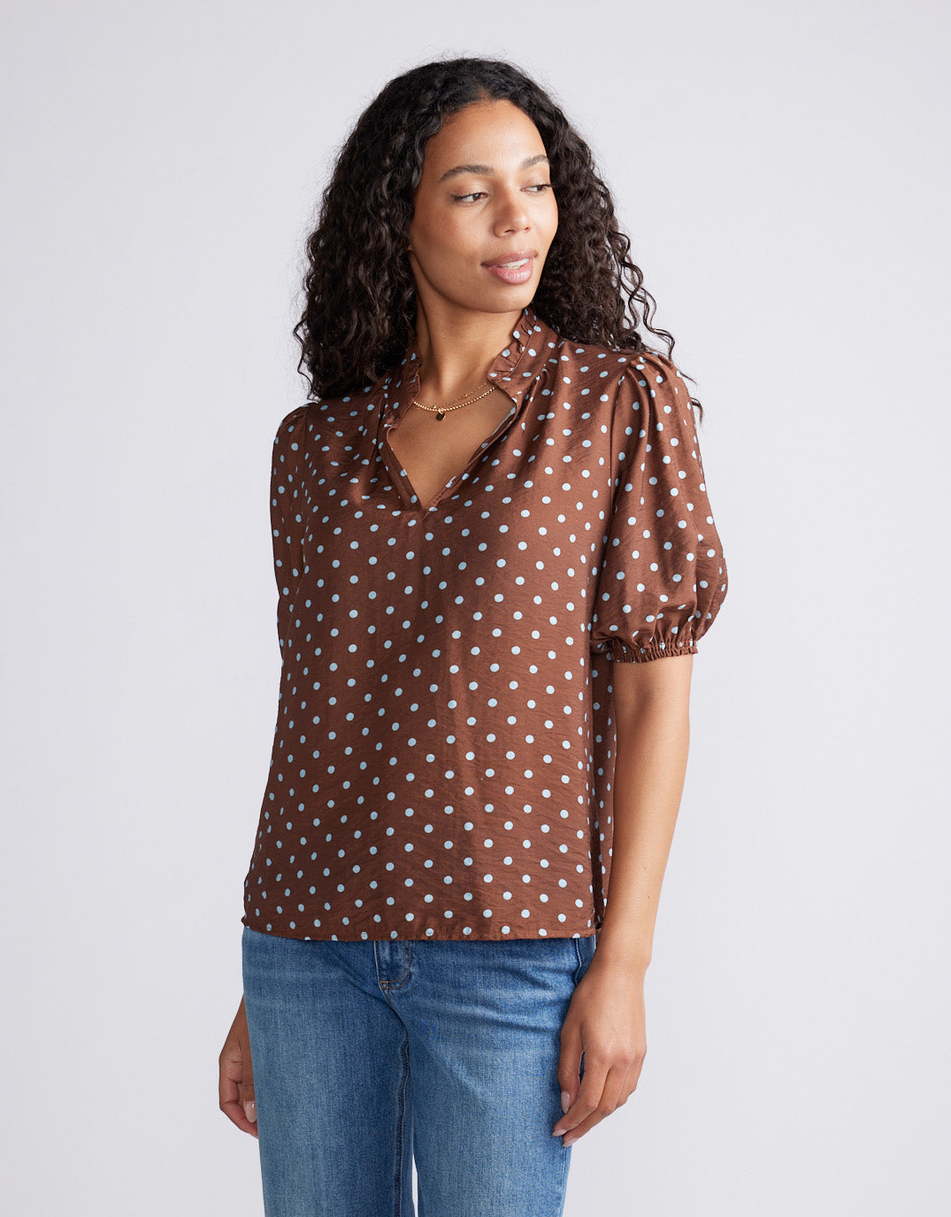 Ascot Ruffle Blouse - Choc/Blue Polka Dot