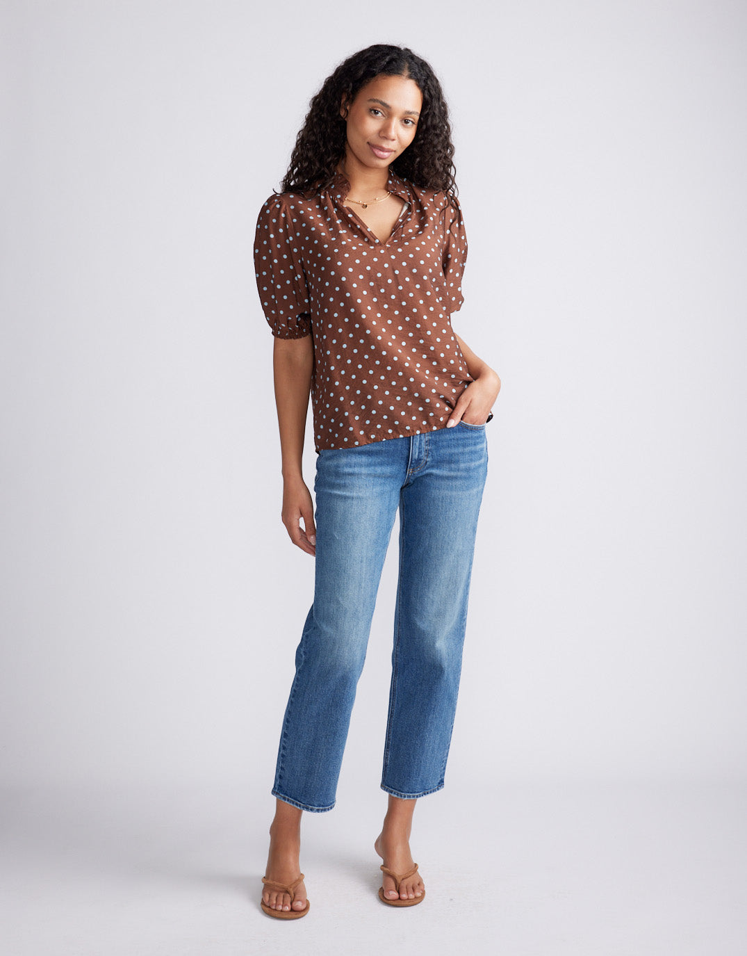 Ascot Ruffle Blouse - Choc/Blue Polka Dot