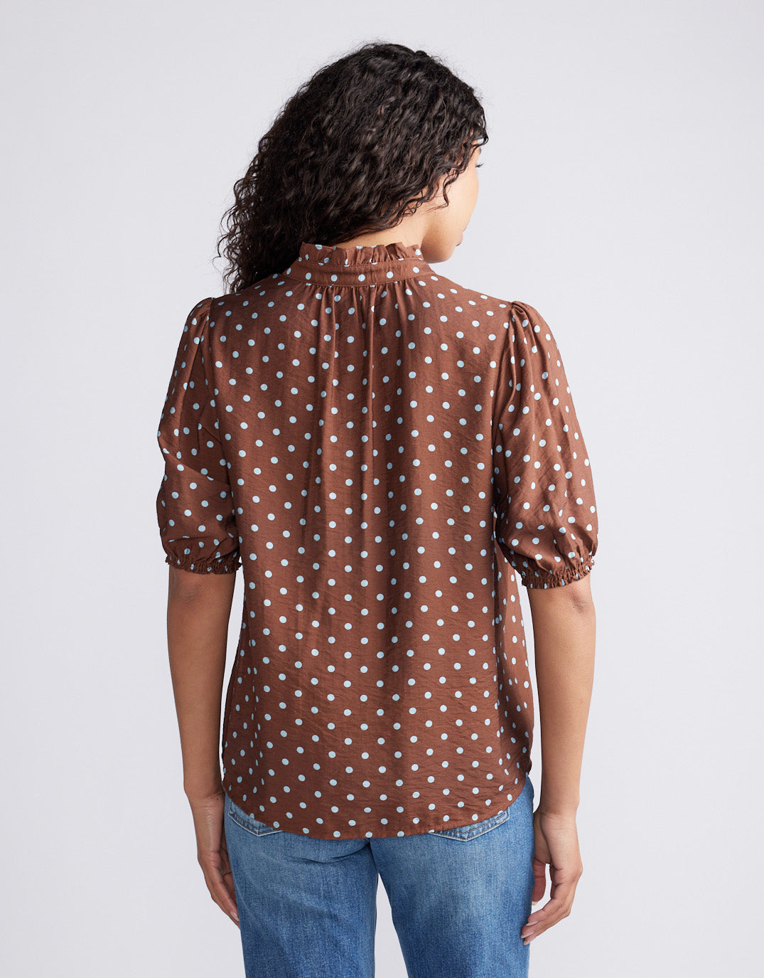 Ascot Ruffle Blouse - Choc/Blue Polka Dot