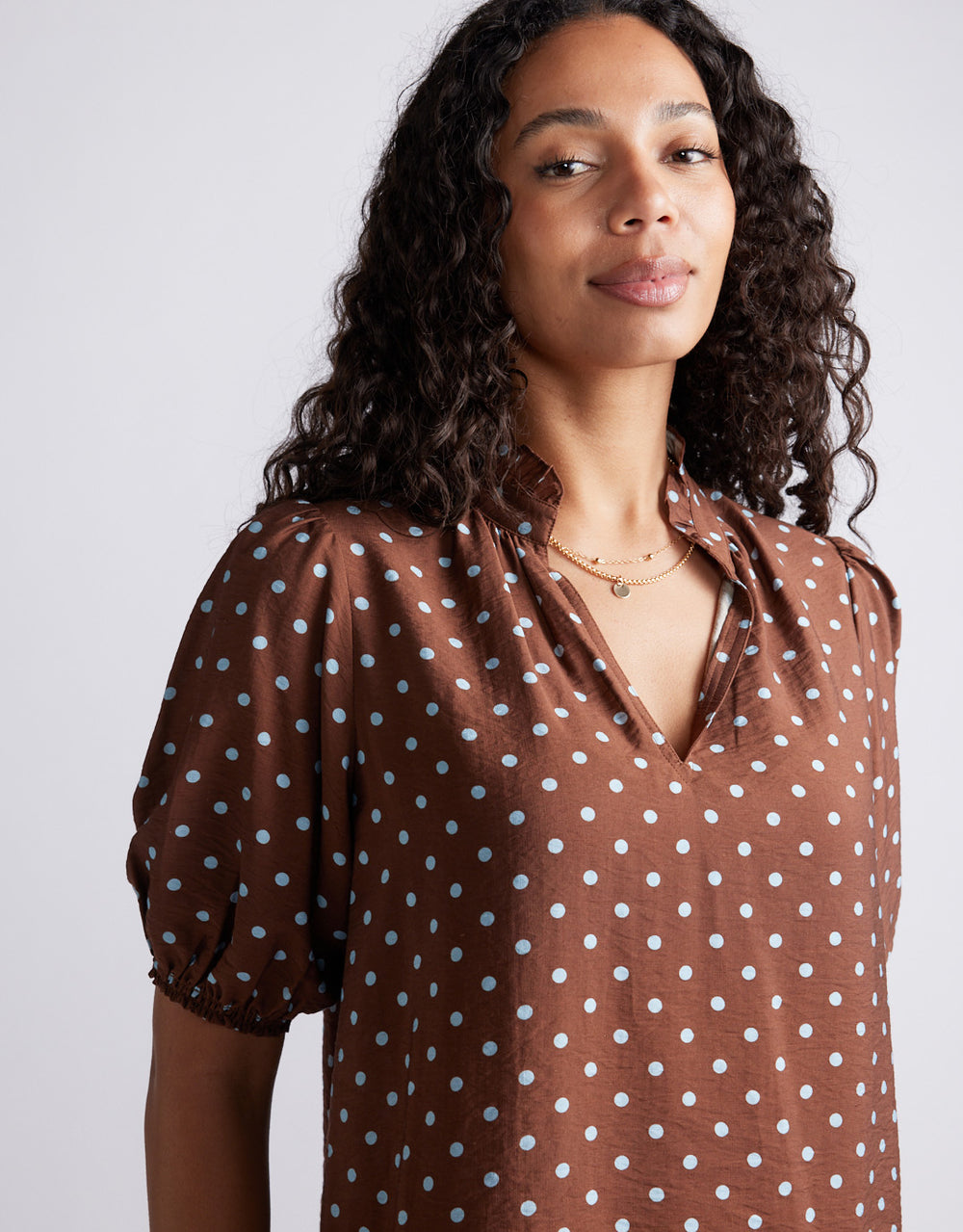 Ascot Ruffle Blouse - Choc/Blue Polka Dot