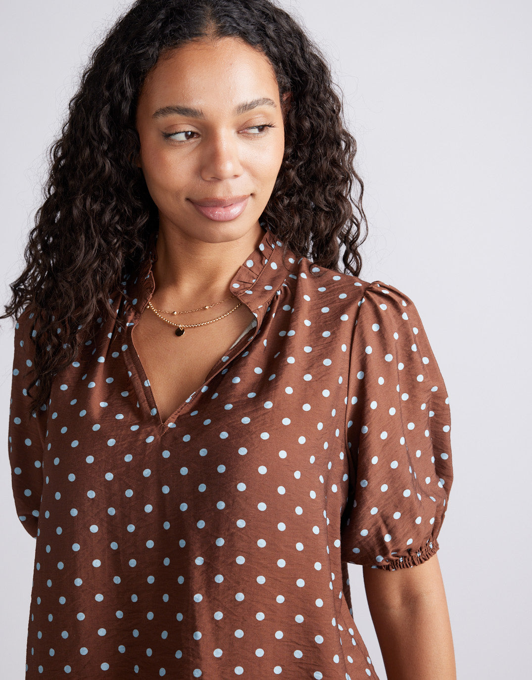 Ascot Ruffle Blouse - Choc/Blue Polka Dot