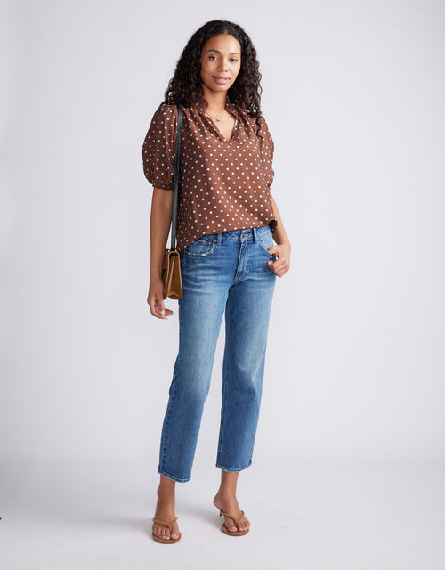 Ascot Ruffle Blouse - Choc/Blue Polka Dot