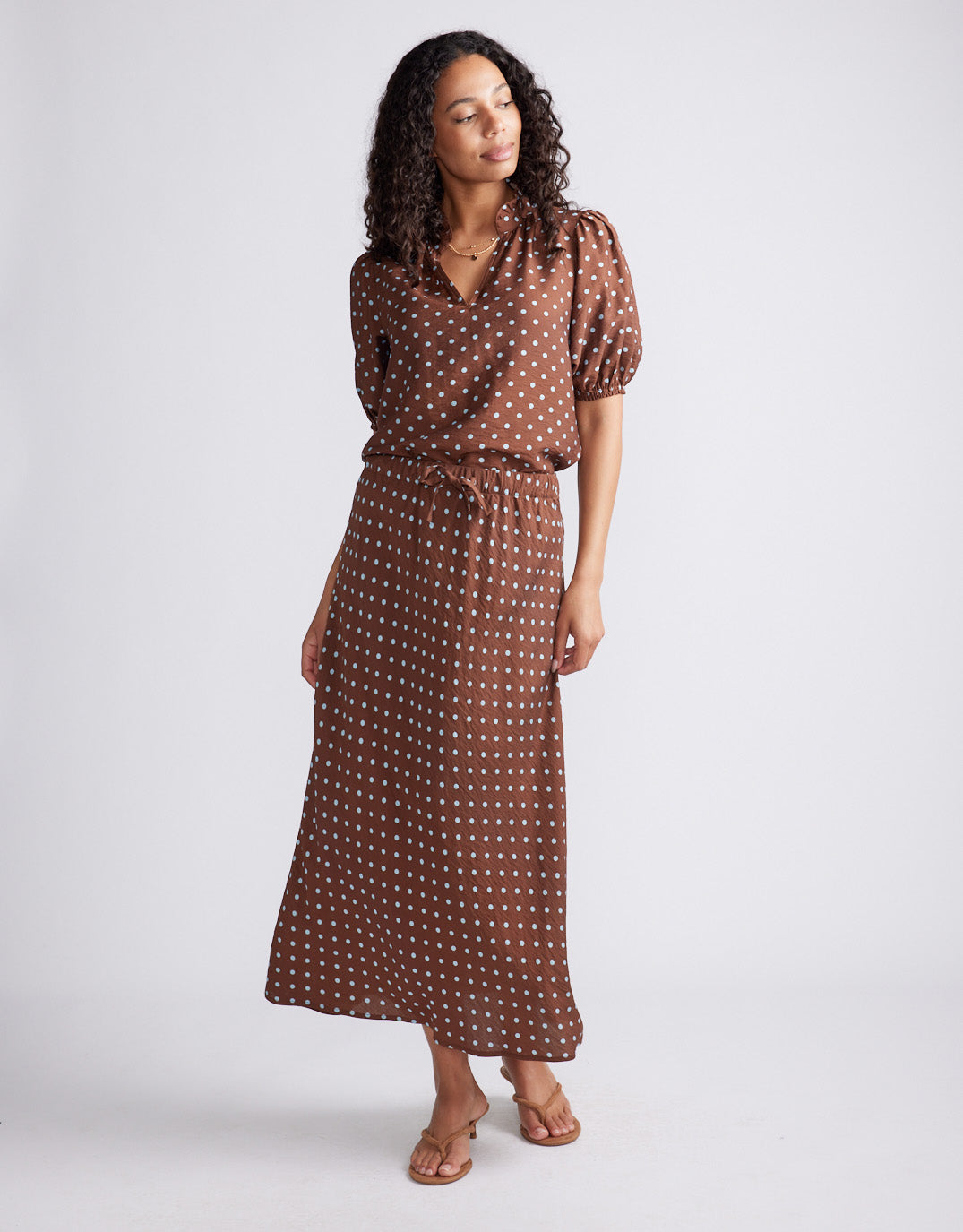 Ascot Slip Skirt - Choc/Blue Polka Dot