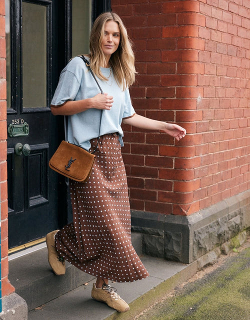 Ascot Slip Skirt - Choc/Blue Polka Dot