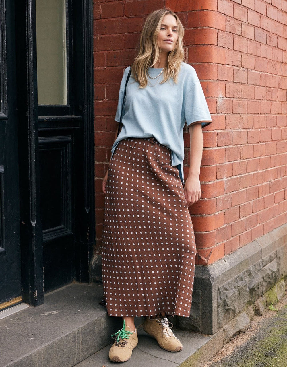 Ascot Slip Skirt - Choc/Blue Polka Dot