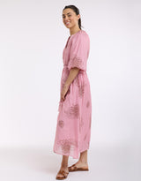 V-Neck Dress With Billow Sleeve - Choc/Pink