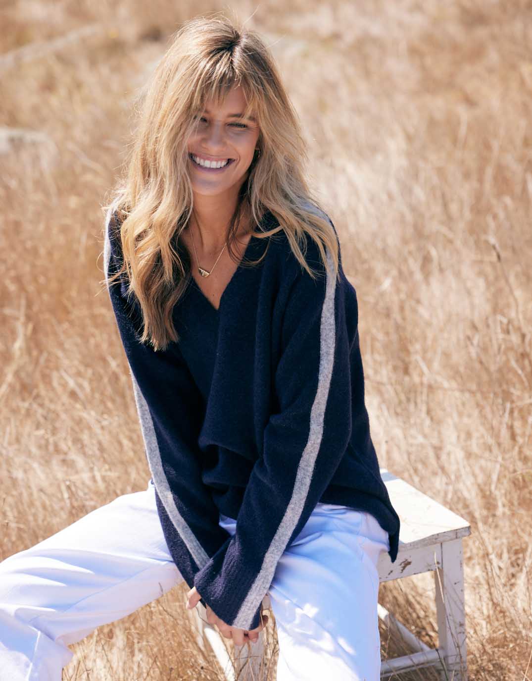 Buy Chalet V Neck Knit Jumper French Navy/Grey White for