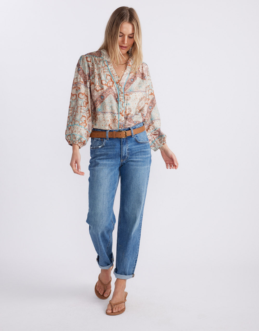 Mila Blouse - Turquoise / Choc Scarf Print