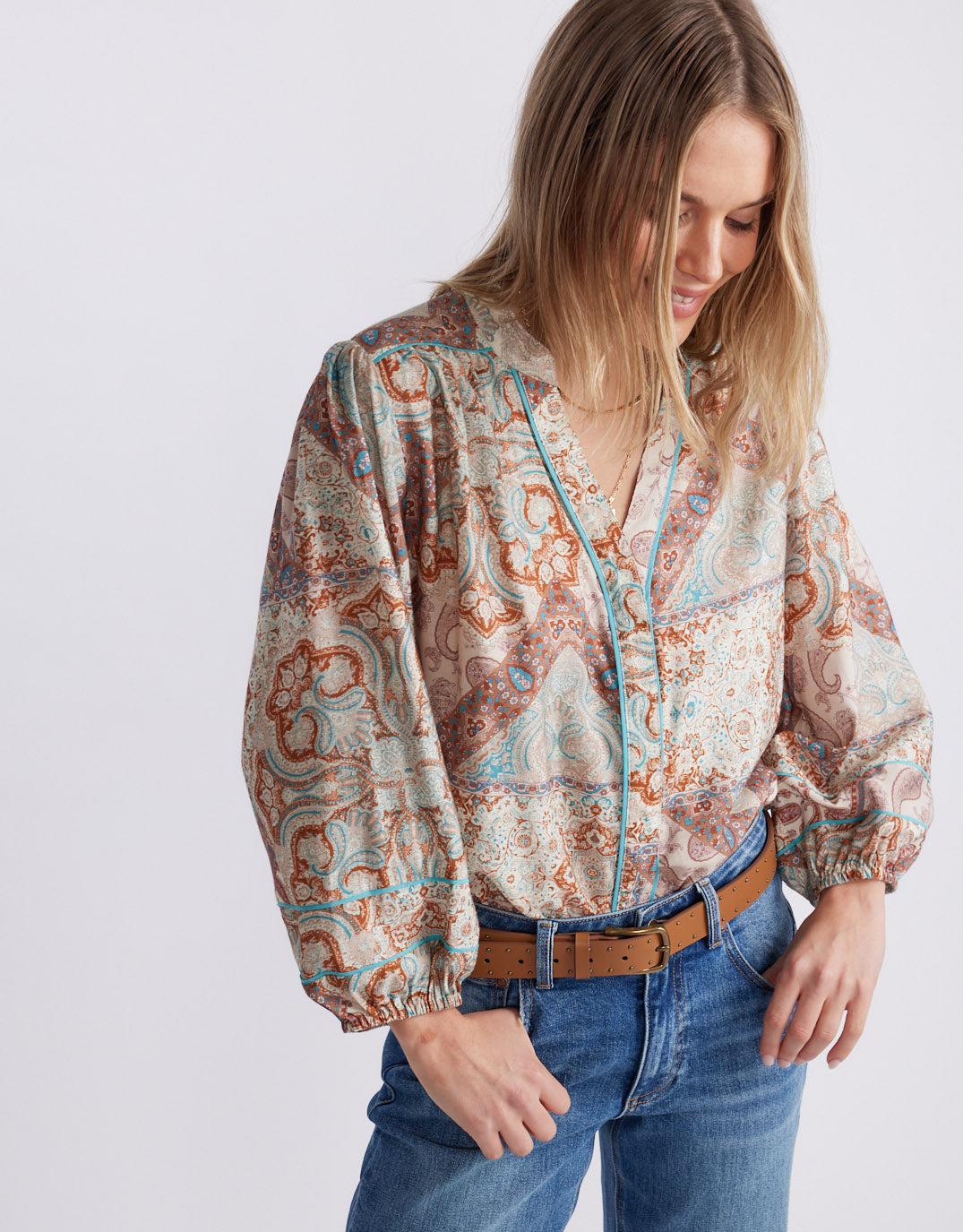 Mila Blouse - Turquoise / Choc Scarf Print