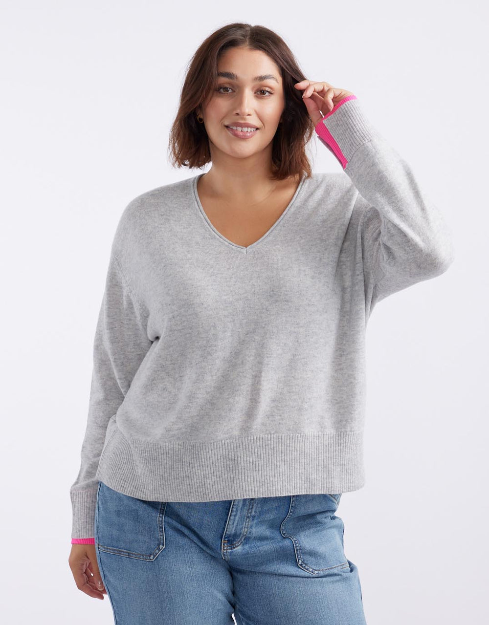 white-co-plus-size-upstate-double-cuff-knit-jumper-grey-marle-neon-pink-womens-clothing