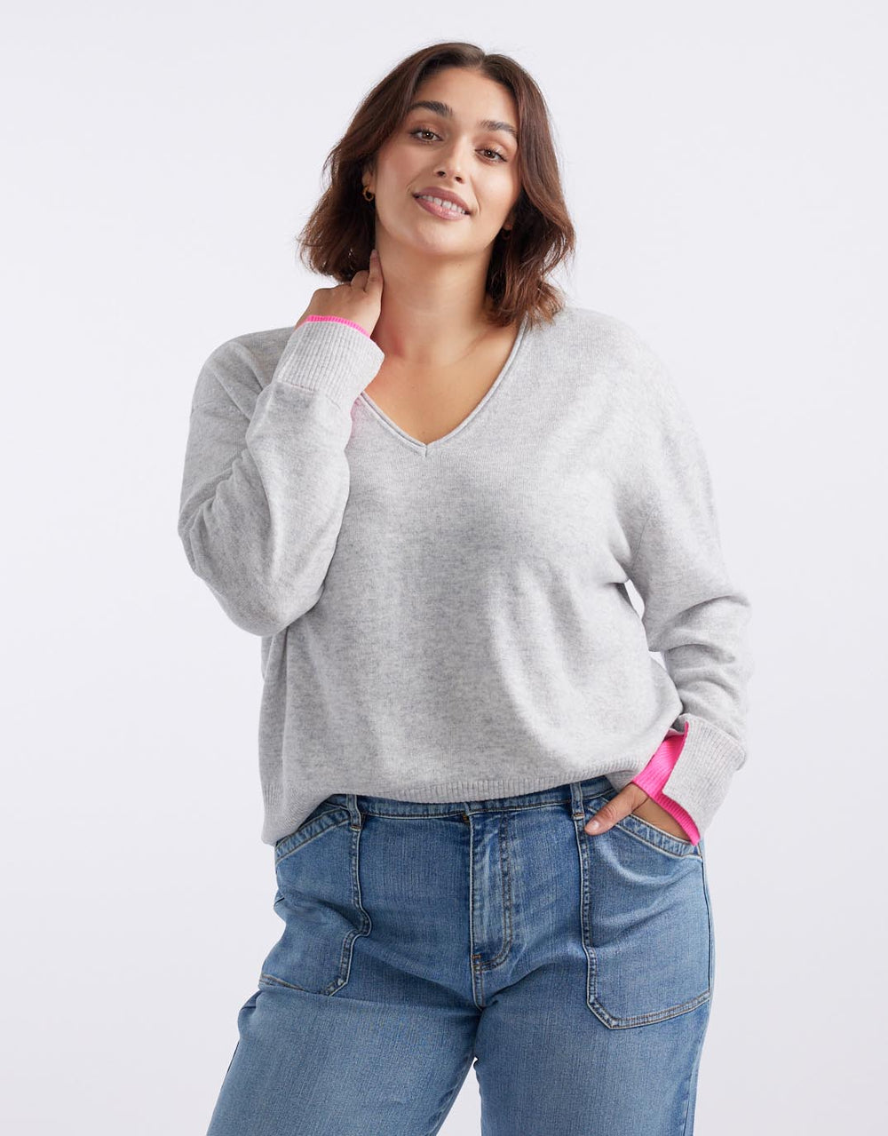 white-co-plus-size-upstate-double-cuff-knit-jumper-grey-marle-neon-pink-womens-clothing