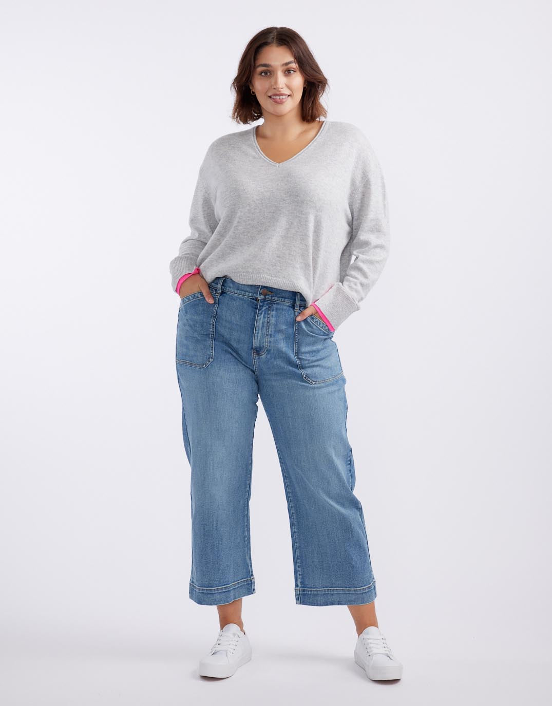 white-co-plus-size-upstate-double-cuff-knit-jumper-grey-marle-neon-pink-womens-clothing