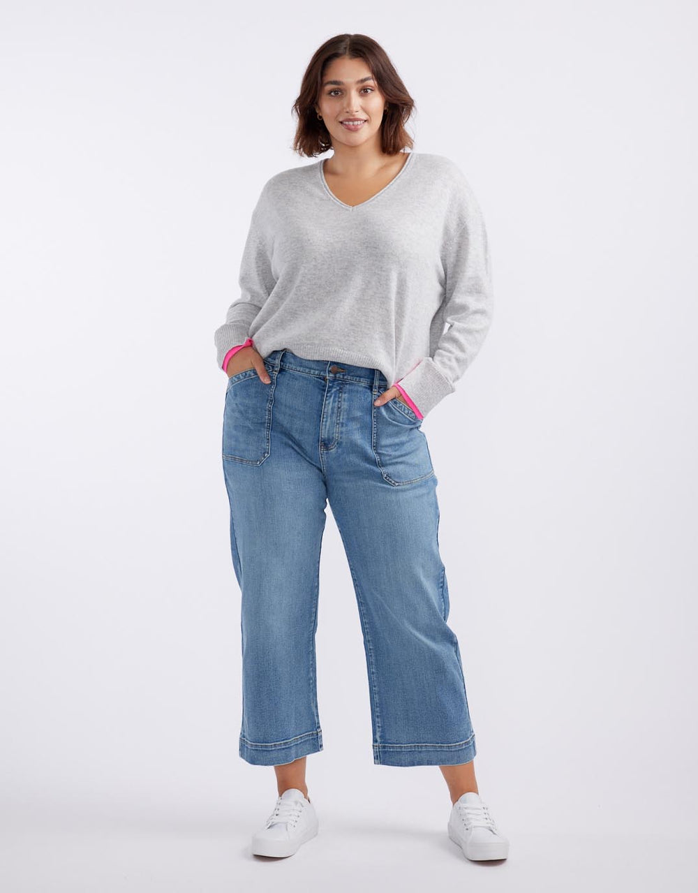 white-co-plus-size-upstate-double-cuff-knit-jumper-grey-marle-neon-pink-womens-clothing