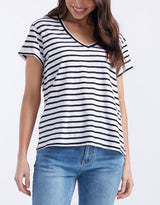 Turn Back V Neck T-Shirt - White/Black Stripe