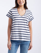 Turn Back V Neck T-Shirt - White/Navy Stripe