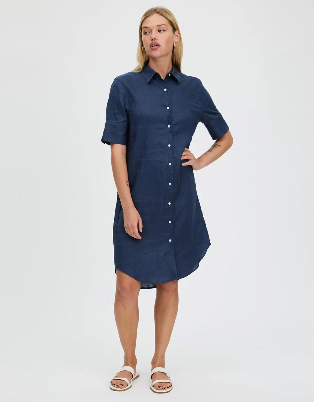Hettie Linen Shirt Dress - French Navy
