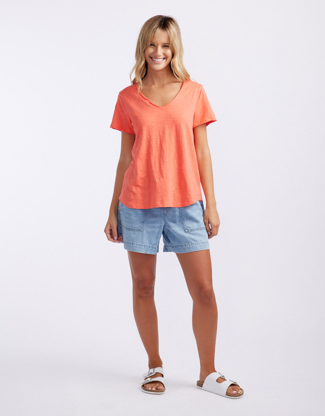 white-co-summer-vee-tee-sunset-melon-womens-clothing