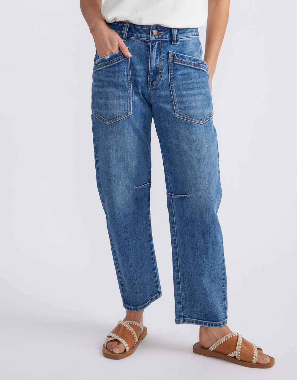 Saskia Stretch Cargo Barrel Jean - Mid Wash