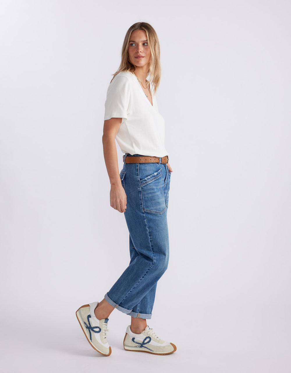 Saskia Stretch Cargo Barrel Jean - Mid Wash