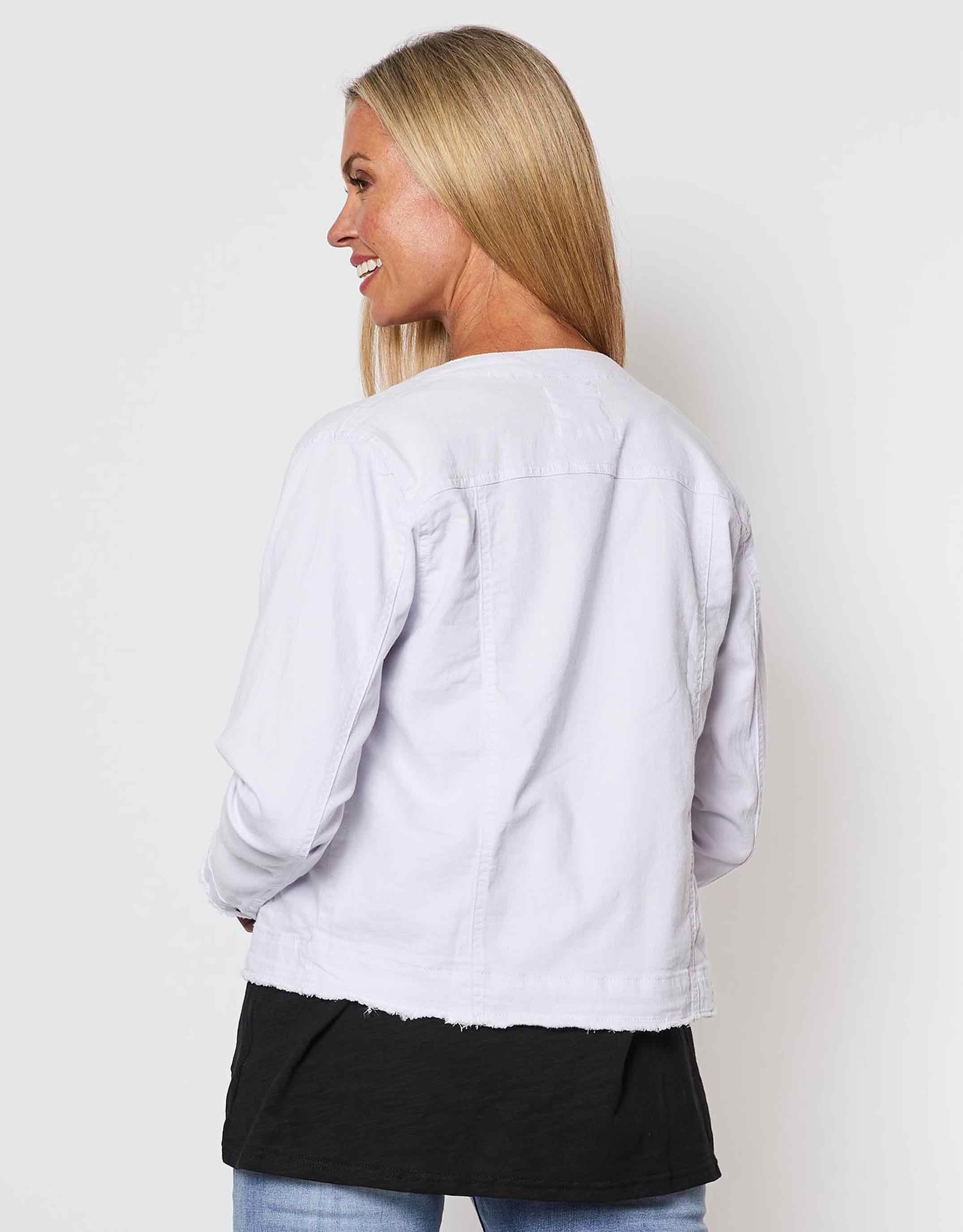 Ladies white collarless 2025 denim jacket